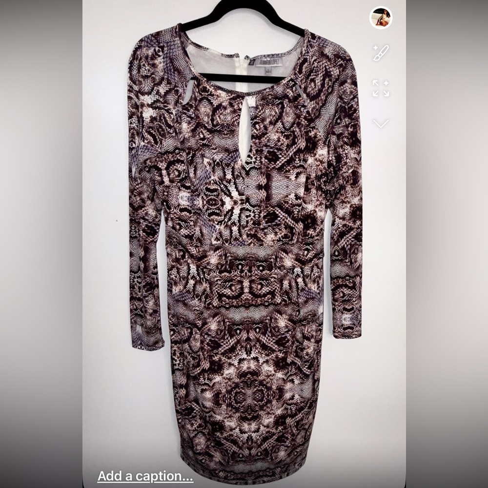 Jennifer Lopez Large Animal Print Bodycon Dress Long Sleeve Neutral Luxe Fall